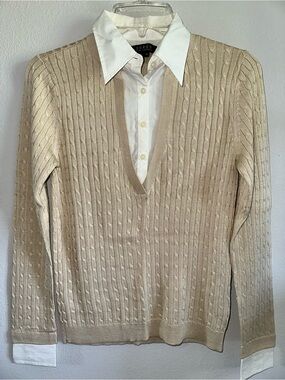 Lauren Ralph Lauren Women’s Cream Cable V-Neck Sweater silk & cotton size XS